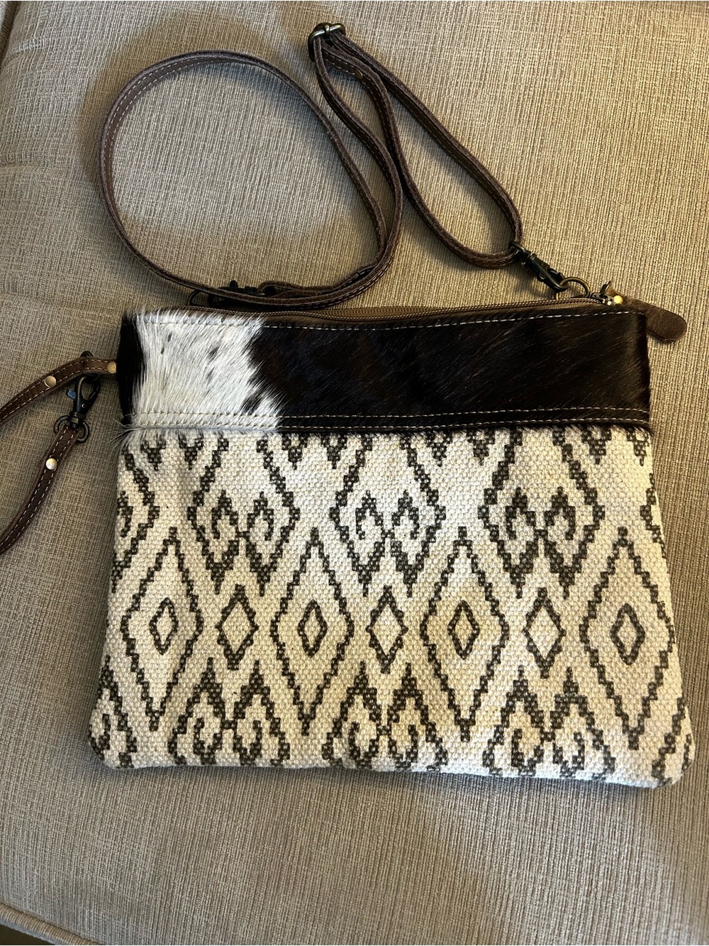 Maya Black and White Aztec Haircalf Crossbody Bag